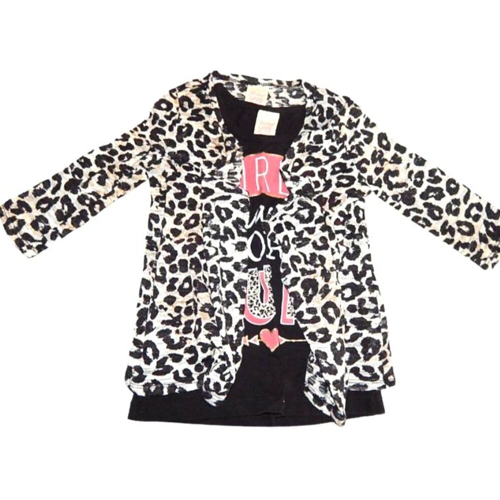 Faded Glory girls x‑small 4/5 2pc black graphic tank & animal‑print cardigan set